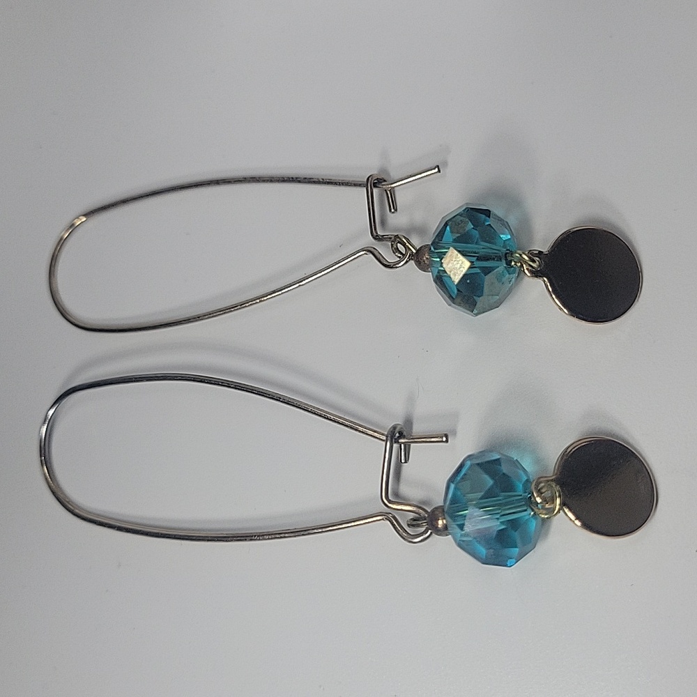 Long Inverted Gold Teardrop with Aqua Blue Crystals Dangle Earrings